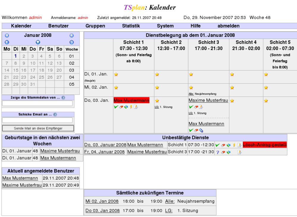 Ansicht Tageskalender des Administrators Benutzers