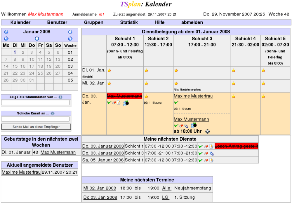 Ansicht Tageskalender eines Benutzers